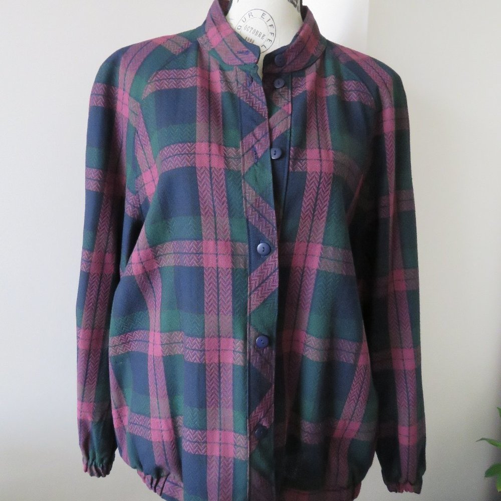 Vintage Alia Purple Navy & Green Plaid Light Bomber Style Jacket